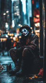 Melancholic street clown resting in neon-soaked city night.