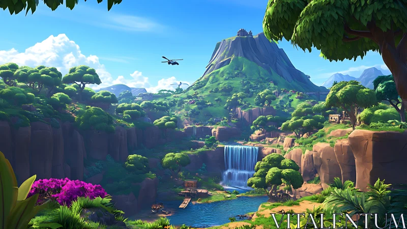 Lush Fantasy Valley with Mountain Peak and Waterfall