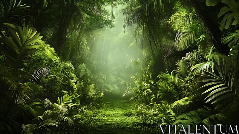 Luminous Jungle Pathway Through Dense Tropical Canopy.