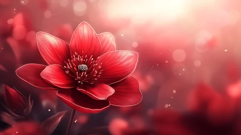 Red Blossom Against Soft Focus Gradient: Digital Floral Rendering.