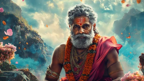 Elderly Hindu sage in vivid mountain temple landscape.