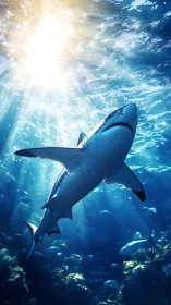 Great white shark cuts through sunlit blue ocean depths.