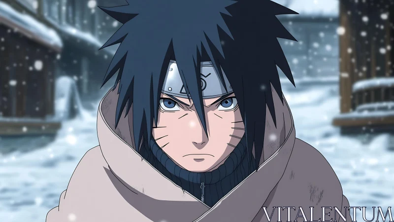 Snowbound ninja gaze carved sharp against winter silence.