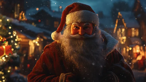 Cinematic Santa Claus portrait in snowy village bokeh lighting