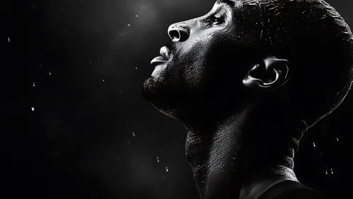 Profile view of wet male face in high contrast lighting.