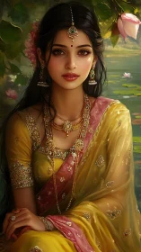 Elegant woman in yellow sari glows beside tranquil lotus pond