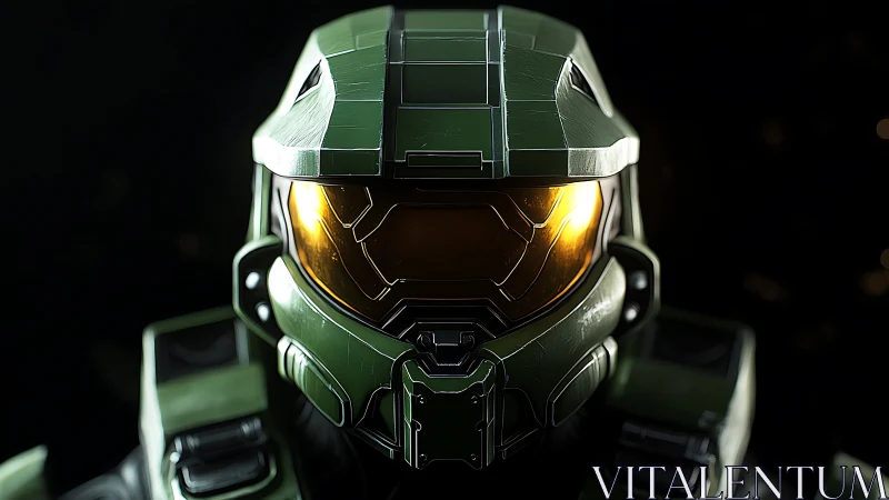 Futuristic green combat helmet with illuminated gold visor