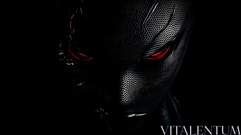 Midnight cyber assassin with molten red machine eyes.