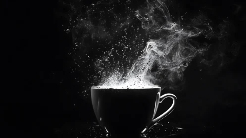 High-contrast coffee cup with explosive steam and droplets.