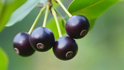Midnight berries glimmer on stems against soft green hush.