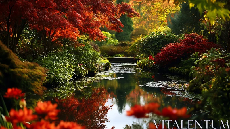 Autumn-lit garden pond mirroring firebright leaves and still sky.