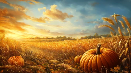 Golden pumpkins lounge beneath a blazing harvest sunset sky