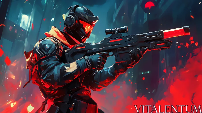 Cybernetic marksman in neon-lit battlefield with plasma rifle.