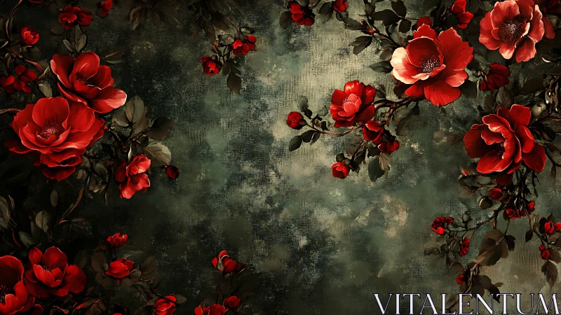 Red flowers arranged against weathered textured background surface