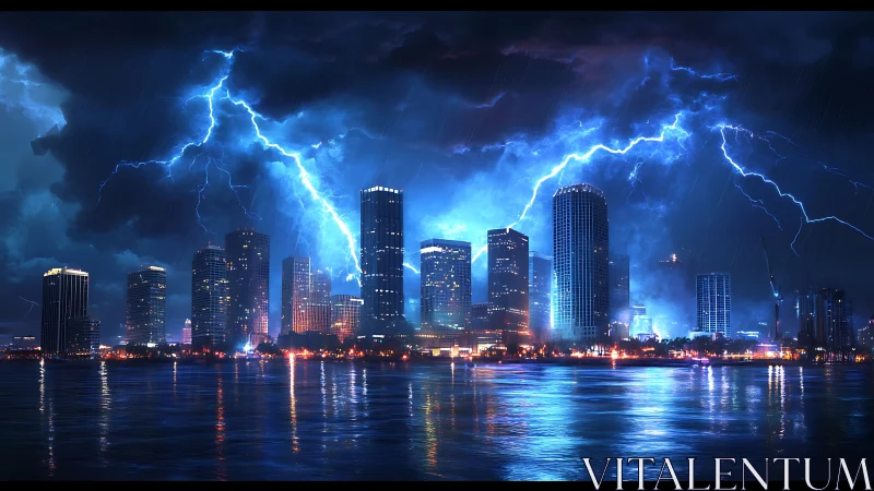 Electric tempest crowns a neon city skyline at midnight.