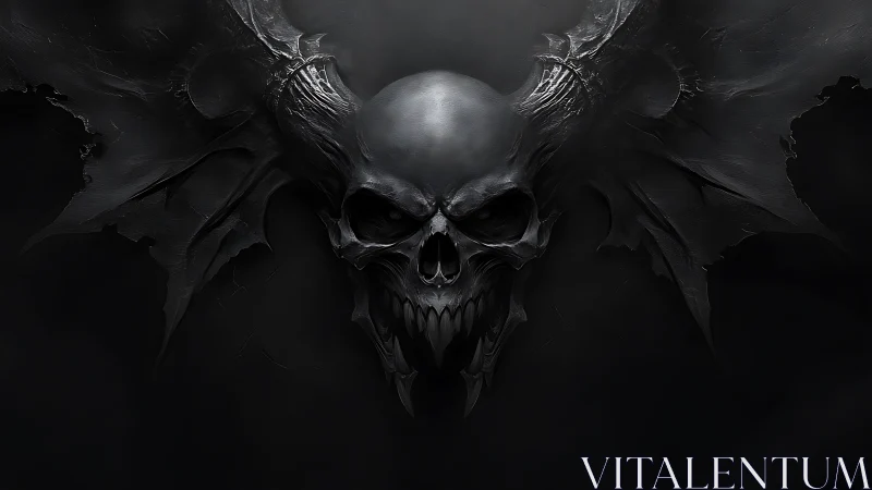 Winged void skull unfurls in stormy charcoal darkness.