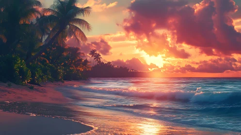 Tropical shoreline with vivid sunset sky and waves.