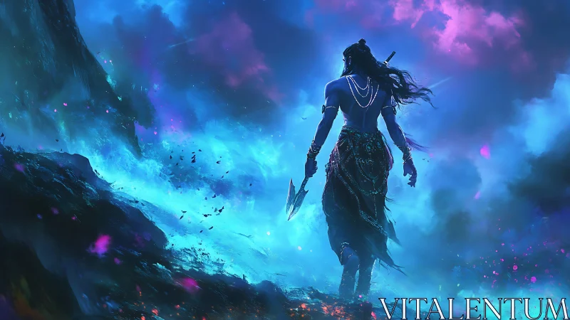 Warrior silhouette strides through bioluminescent storm field