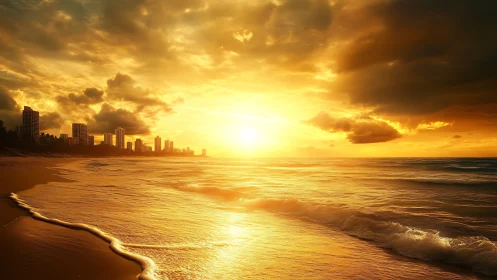 Golden city shoreline glowing under a gentle sunset sky.