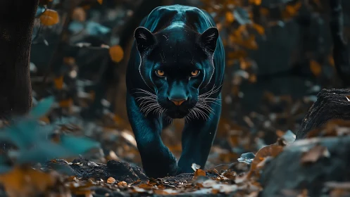 Black panther prowling through autumn forest with luminous golden eyes