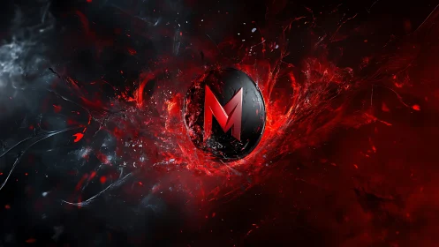 Molten red monogram ignites within a storm of digital embers