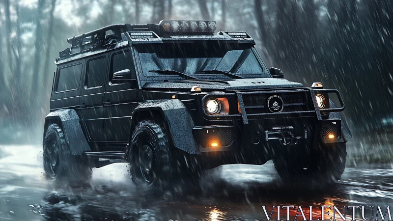 Storm-born black off-road titan carving a neon-wet trail.