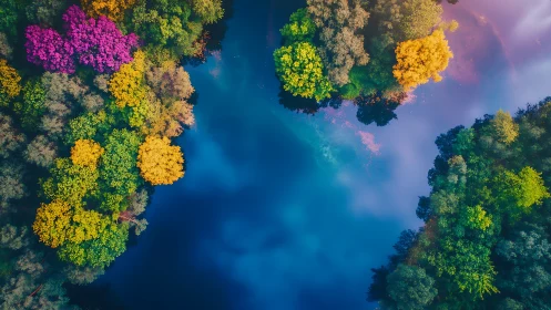 Overhead view shows colorful shoreline trees around blue lake