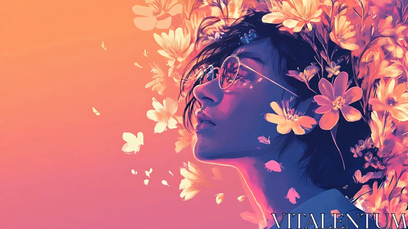 Neon-lit portrait with floral explosion and warm gradient sky
