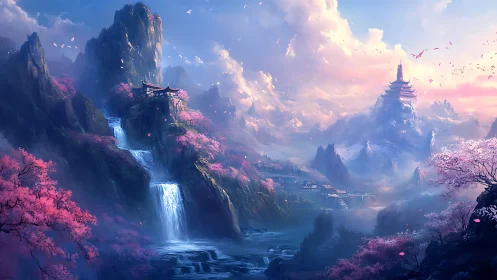 Mountain temples with waterfalls and pink blossom trees.