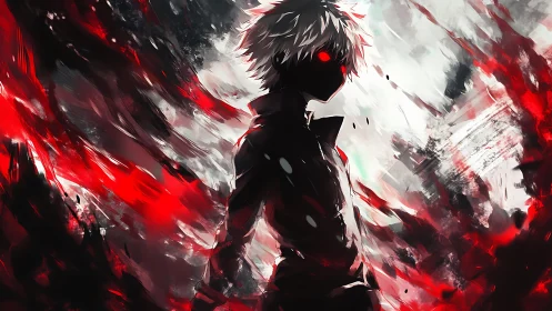 Crimson-eyed shadow hero standing in swirling chaos light.