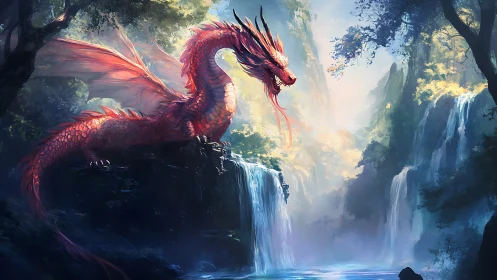 Red dragon resting on rock ledge in misty waterfall gorge.