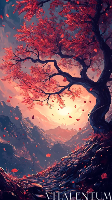 Crimson mountain tree leans gently toward a glowing sky