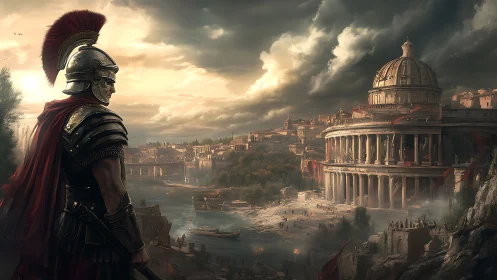 Armored legionary overlooking classical riverfront cityscape.