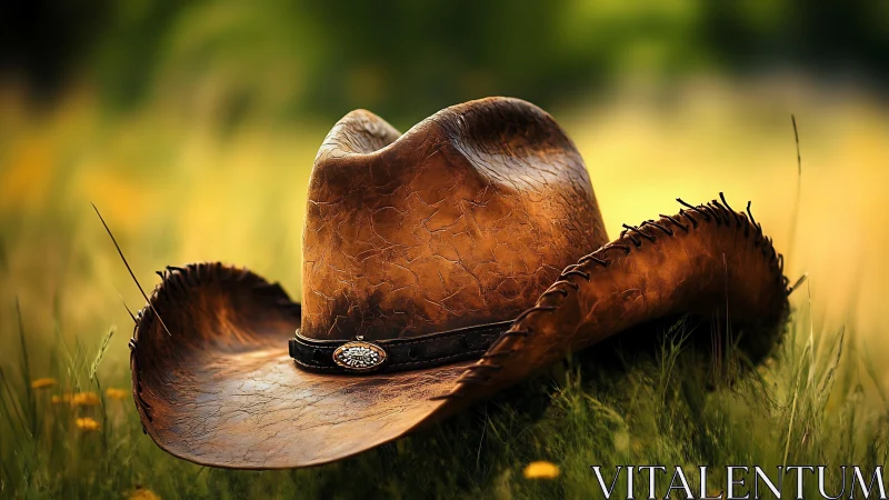 Weathered cowboy hat resting in a quiet summer meadow.