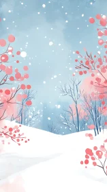 Minimal winter landscape with red foliage and snowfall.