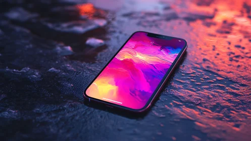 Smartphone displaying gradient wallpaper on textured surface under colored lighting