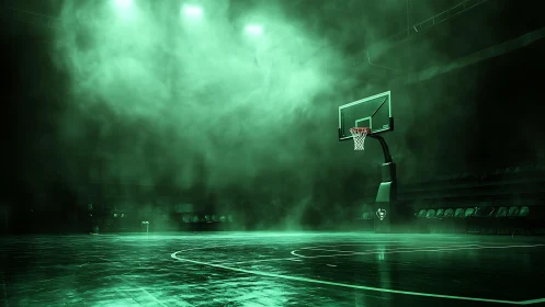 Indoor basketball court shows single hoop in green fog