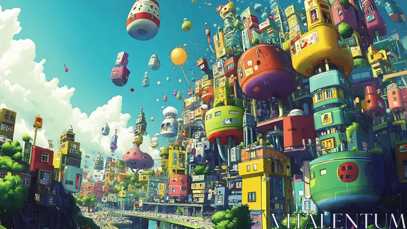 Skybound toybox metropolis drifting above sunlit streets.