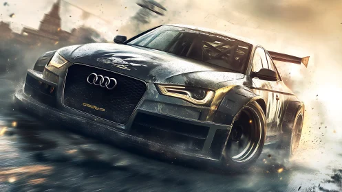 Sleek racing car charging through smoke and golden light.