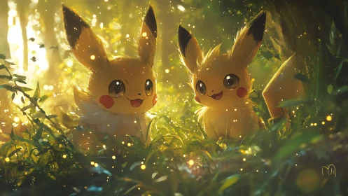 Luminous twin Pikachu study in volumetric forest light field.