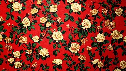 Cream roses leap across a blazing red botanical sky