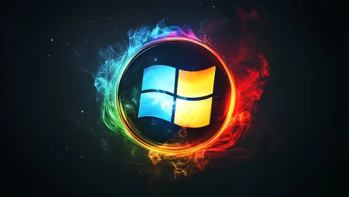 Windows-style glowing emblem encircled by multicolor plasma ring