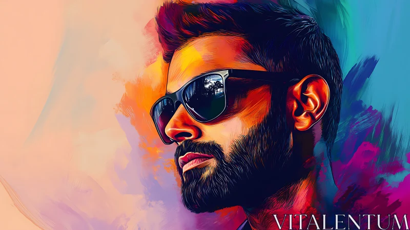Vibrant digital portrait of a bearded man in reflective shades