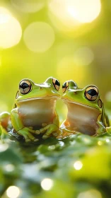 Tree frogs in shallow focus with luminous bokeh backdrop.