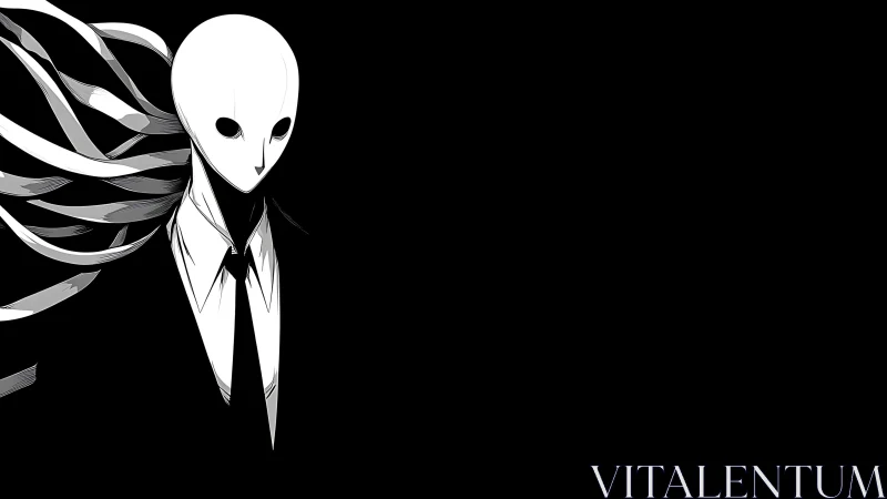 Faceless suited figure with ribbons emerges from darkness