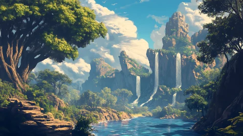 Sunlit waterfalls pour into a calm, dreamlike forest river