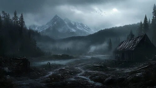 Storm-lashed mountain valley frames an abandoned wooden cabin.