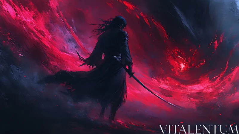 Dark samurai stands in swirling red energy storm.