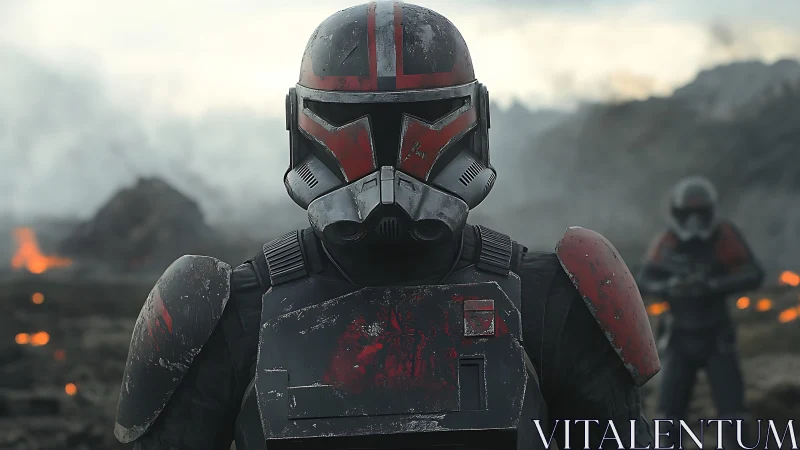 Battle-scarred trooper strides across ember-choked wasteland.