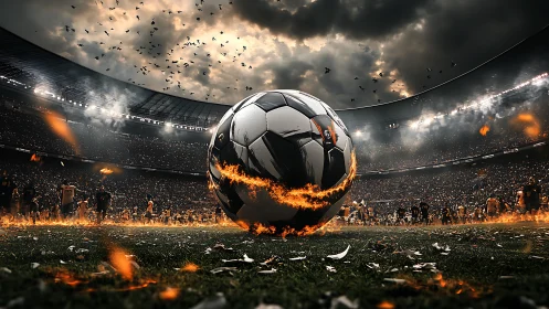 Soccer ball burns with fiery ring at center of packed stadium